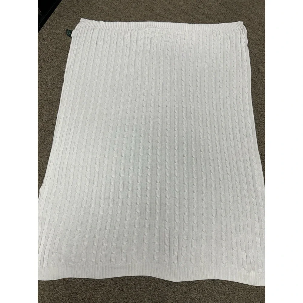 Ralph Lauren Lauren RLL Cable Knit Cotton Throw Cozy Blanket Ivory Cream 50x62